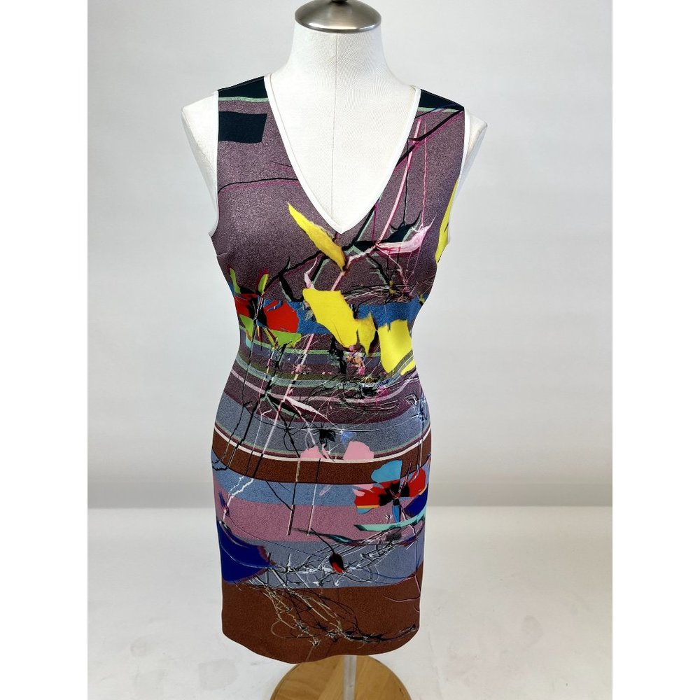 Clover Canyon Bodycon Abstract Retro Art Deco Mod Chic Fitted Neoprene Dress